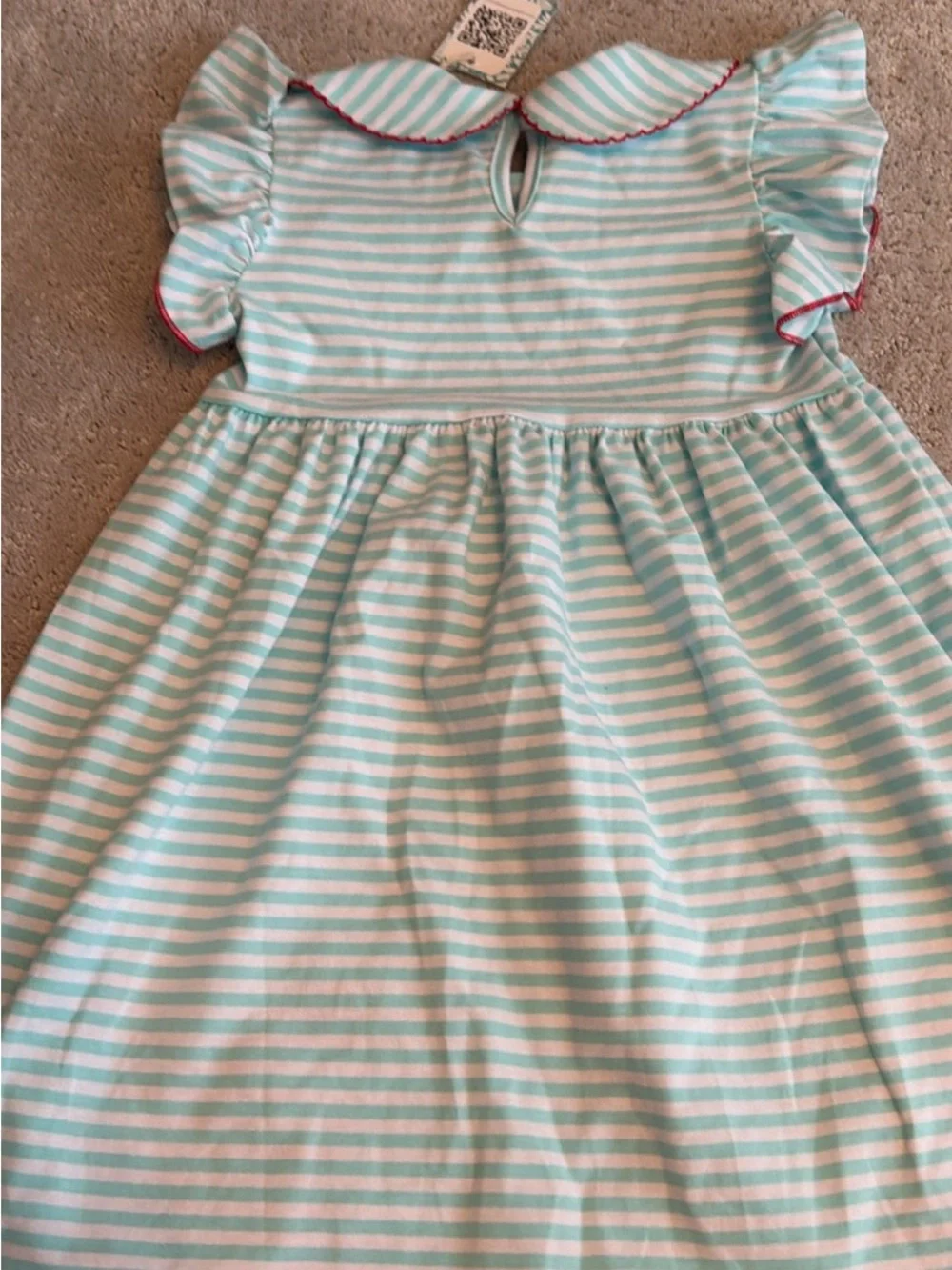Blue & White Striped Girls Casual Dress with Red Bow Accents